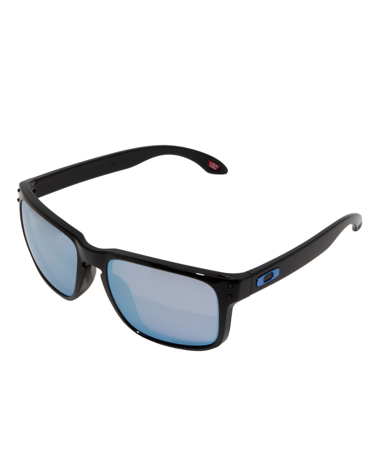 These Oakley Holbrook Polarized sunglasses feature rectangular frames, reflective blue lenses, and sleek curved arms with a small blue logo, enhancing their modern style.