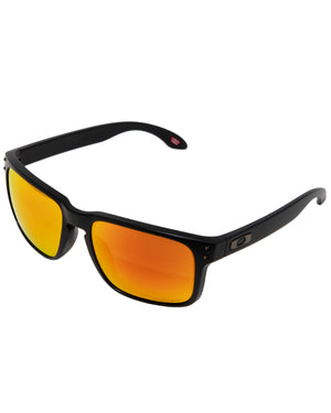 The Oakley Holbrook sunglasses feature a black frame with reflective orange Prizm lenses angled slightly left. They provide UV protection, and their arms showcase a sleek design, making them both stylish and functional.