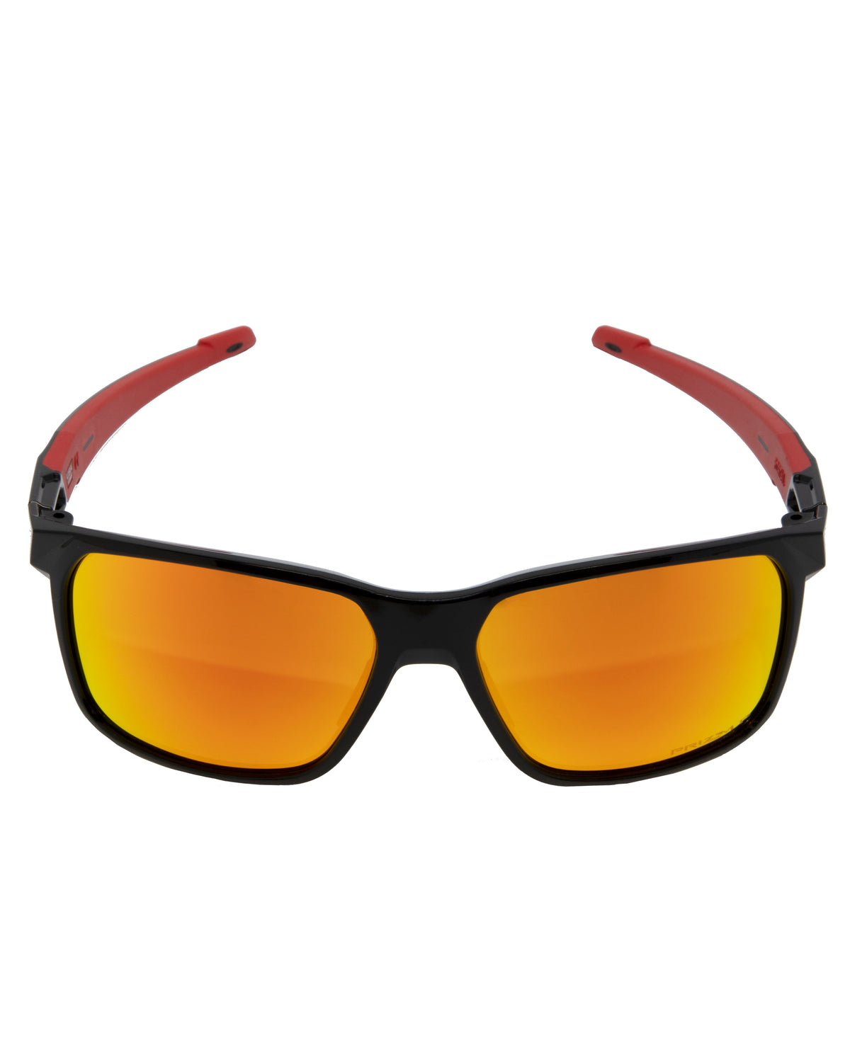 The Oakley Portal X Polarized sunglasses boast sleek black frames and vibrant orange-tinted Prizm lenses, complemented by red temples that add a contrasting pop of color to their sporty design.
