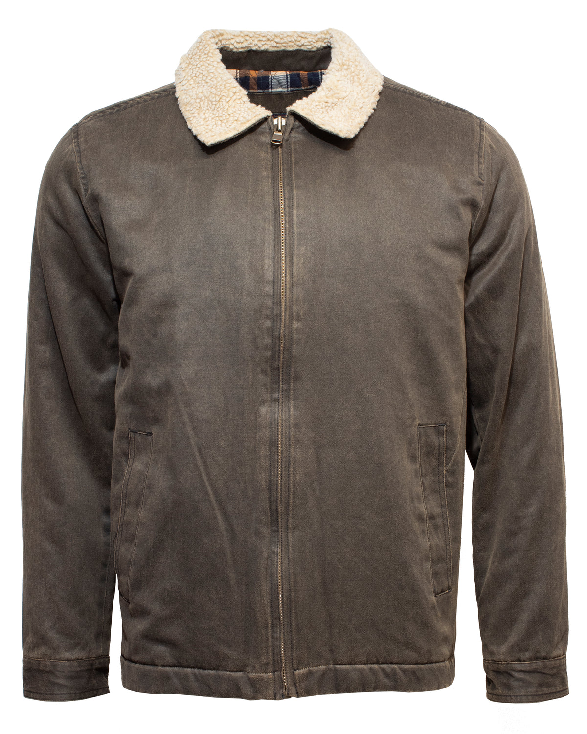 The Outback Heritage Oilskin Jacket features a brown oilskin exterior, a shearling-lined collar, front zipper closure, and side pockets. It boasts a worn-in, vintage look with a slightly faded appearance. A plaid pattern accentuates the interior and is visible at the collar, highlighting its classic Outback Heritage style.