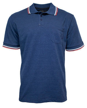 The Pilgrim Birdseye Polo Shirt is a comfortable blue polo shirt with short sleeves, featuring red, white, and blue striped cuffs and a rib knit collar. It also includes a two-button placket and a small chest pocket on the left side.