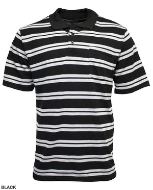 The Pilgrim Yarn Dyed Stripe Polo is a casual black shirt with white and gray stripes, featuring a classic collar, short sleeves, and a handy chest pocket.