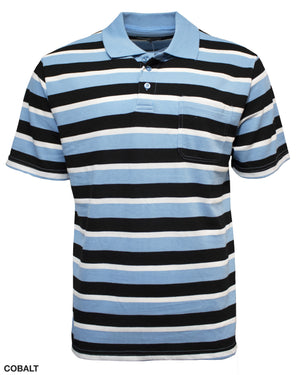 The Pilgrim Yarn Dyed Stripe Polo is a casual short-sleeve shirt with black, white, and blue stripes. It features a classic collar, buttoned placket, and left-side pocket—ideal for any modern-day pilgrim seeking comfort and style.