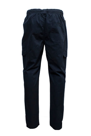 Rear view of the Pilgrim Cargo Twill Beach Pant in black. These pants come with an elastic waistband, side pockets, and a back pocket on the right side. Offering a standard fit and a casual, relaxed look akin to comfortable shorts, they are crafted from lightweight material perfect for everyday wear.