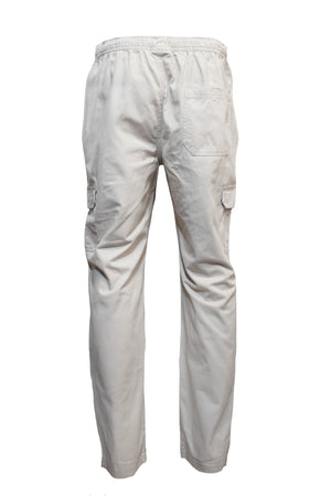 The Pilgrim Cargo Twill Beach Pant is crafted in white cotton with an elastic waistband, large side pockets, and a right-side back pocket.