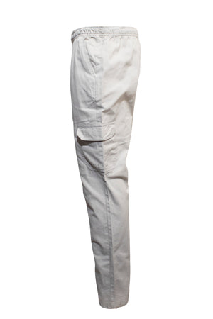 Side view of Pilgrim Cargo Twill Beach Pant in light beige, showcasing a straight leg design, elastic waistband, and side flap pocket. Displayed against a plain white background.