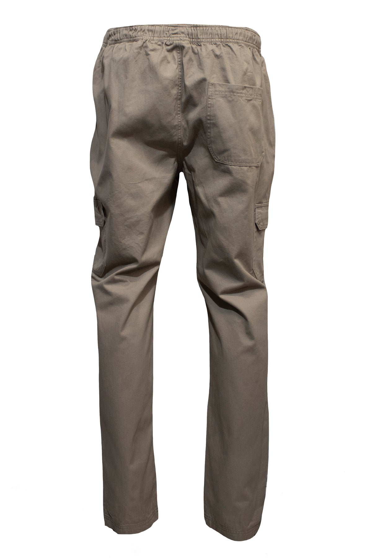 The Pilgrim Cargo Twill Beach Pant in khaki showcases its back view, highlighting an elastic waistband. Designed with multiple pockets, there's one near the waist and two at the thighs, made from lightweight material for a casual vibe.