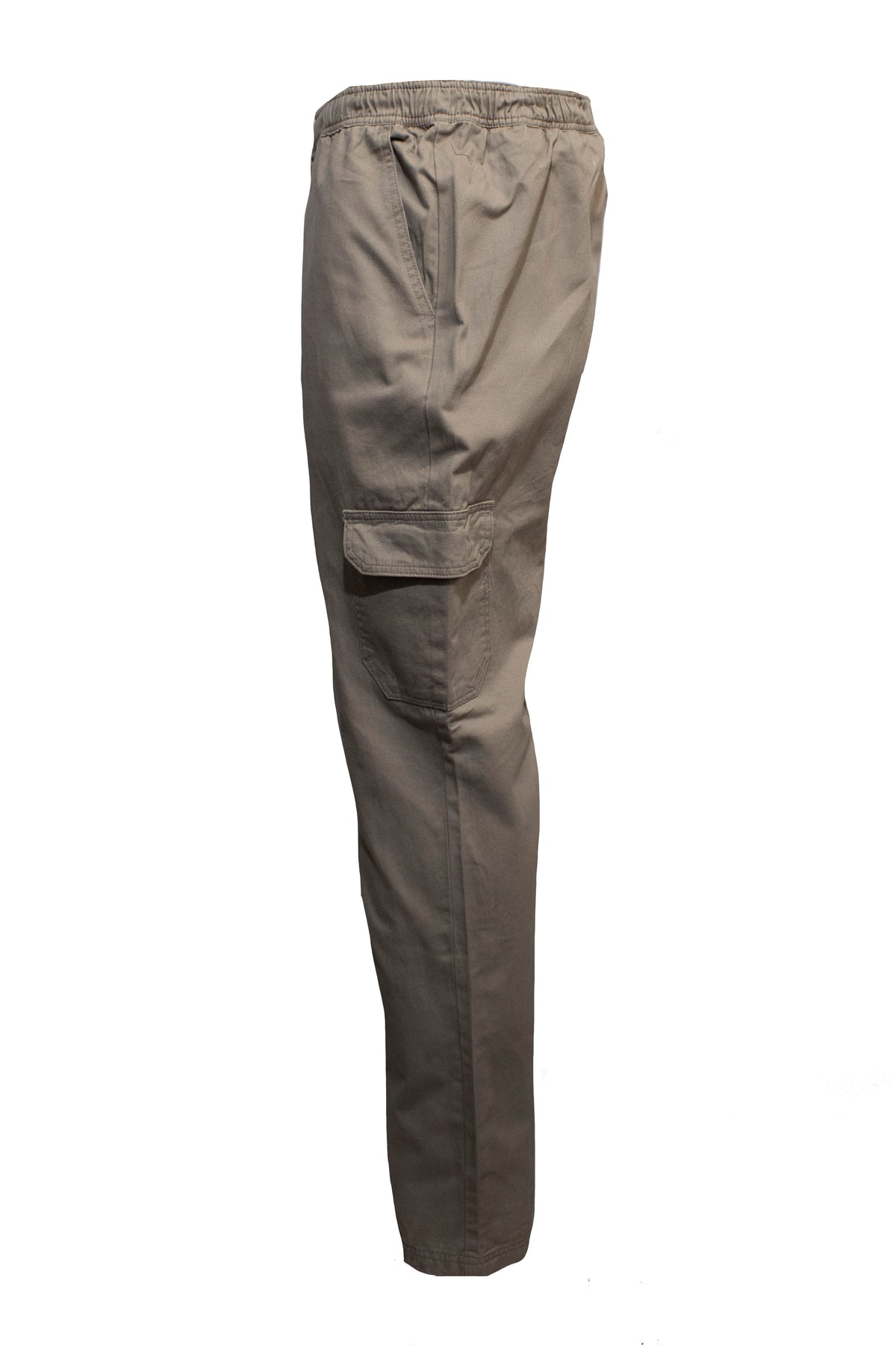 Side view of a Pilgrim Cargo Twill Beach Pant in khaki, made from comfortable cotton with an elastic waistband, a flap side pocket, and standard-length hems.