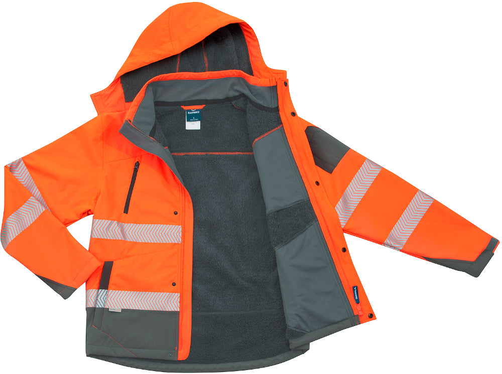 The Rainbird Hi Vis Jones Softshell Sherpa Lined Jacket comes in bright orange with reflective silver stripes, featuring a detachable hood and zip-up front with buttons made from waterproof fabric. An extended arm demonstrates its attributes, making it ideal for visibility in work environments.
