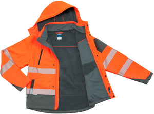 The Rainbird Hi Vis Jones Softshell Sherpa Lined Jacket comes in bright orange with reflective silver stripes, featuring a detachable hood and zip-up front with buttons made from waterproof fabric. An extended arm demonstrates its attributes, making it ideal for visibility in work environments.