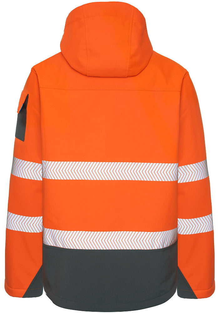 The Rainbird Hi Vis Jones Softshell Sherpa Lined Jacket is bright orange with waterproof fabric, two horizontal reflective stripes, a dark gray bottom band, a detachable hood, and a left sleeve pocket. It's designed for high visibility from the back.