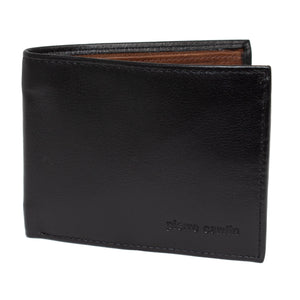 A Pierre Cardin Wallet for men in black, made from genuine leather and embossed with the "Pierre Cardin" brand name on the lower right corner. The interior, partially visible, features a brown lining and showcases a sleek and minimalist design.