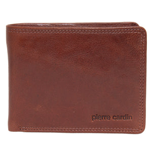 The Pierre Cardin Wallet, available in a rich brown color and made from genuine Italian leather, showcases the brand name embossed in the lower right corner. This wallet, with its smooth texture and appearance closed in the image, combines style with functionality by offering RFID protection for added security.