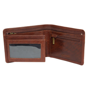 A Pierre Cardin Wallet made from brown genuine Italian leather is open, showcasing its multiple compartments. It includes transparent ID slots, a zipped coin pocket, and several sections for cards and cash. The texture of the leather and detailed stitching are clearly visible, further enhanced with RFID protection.