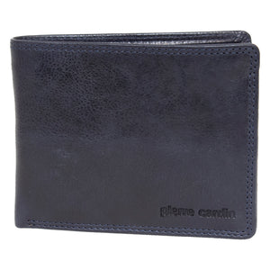 The Pierre Cardin Wallet is a sleek, dark leather accessory with a subtle texture, crafted from genuine Italian leather. The brand name "pierre cardin" is embossed in lowercase letters on the bottom right corner. This wallet features RFID protection and boasts a minimalist design, appearing closed when not in use.