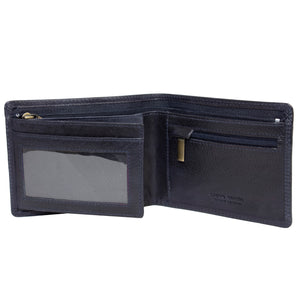 The Pierre Cardin Wallet, in sleek black, is open to reveal its multiple compartments. Crafted from genuine Italian leather, it includes a clear ID slot on the left and a zippered pocket on the right, along with several card slots. The wallet appears well-crafted and spacious with RFID protection, making it ideal for organizing various items.