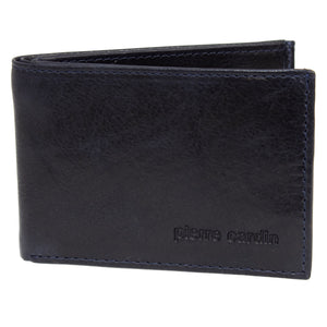 Introducing the Pierre Cardin Wallet: a dark leather bifold crafted from Genuine Italian Leather, featuring the name "Pierre Cardin" embossed on the front lower right corner. This wallet boasts a smooth, slightly textured finish with visible stitching along the edges and includes RFID protection to keep your cards secure.