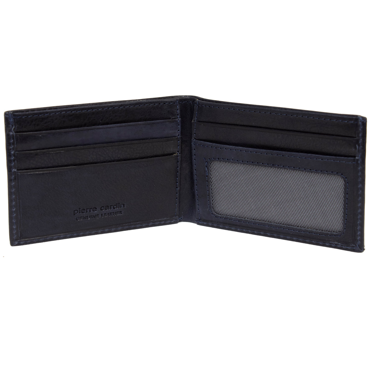 A slim, open black genuine Italian leather "Pierre Cardin" wallet showcasing multiple card slots on the left side and a transparent ID slot on the right. Embossed with the brand name on the left interior, this wallet also includes RFID protection.