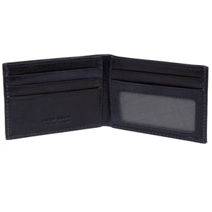 A slim, open black genuine Italian leather "Pierre Cardin" wallet showcasing multiple card slots on the left side and a transparent ID slot on the right. Embossed with the brand name on the left interior, this wallet also includes RFID protection.