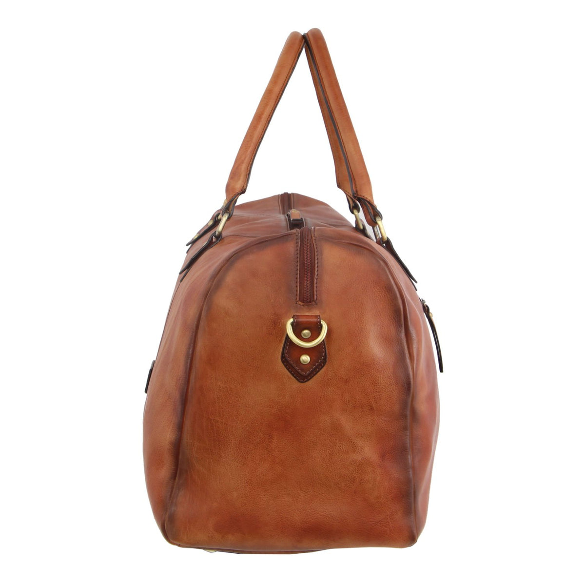 Side view of the Pierre Cardin Leather Overnight Bag in brown leather with two handles, a detachable shoulder strap, gold-tone hardware, and a side leather patch. The smooth finish with natural variations conveys timeless elegance.