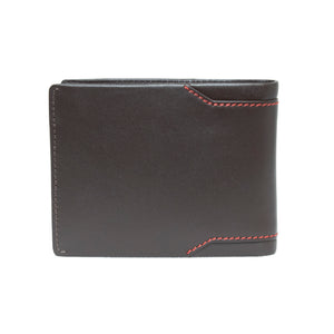 The Pierre Cardin Wallet is a closed, dark brown accessory made from genuine leather with a smooth finish. It features red corner stitching for contrast and offers RFID protection for enhanced security.