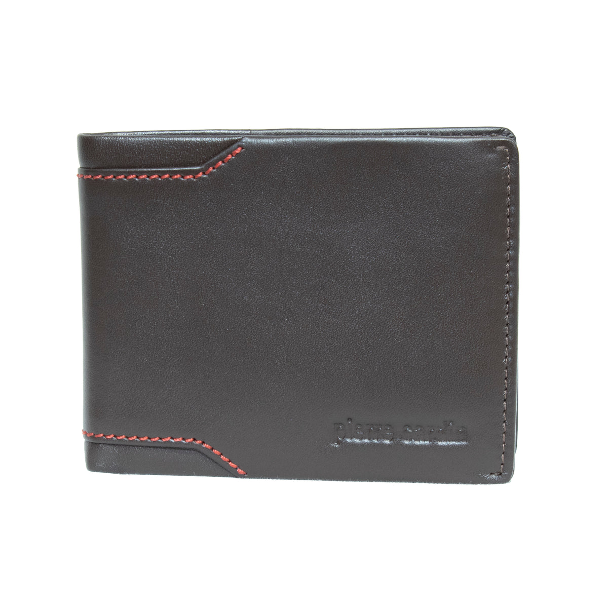 The Pierre Cardin Wallet, crafted from dark brown genuine leather with red stitching accents and embossed text in the bottom right corner, is elegantly displayed closed against a white background. It offers RFID protection for enhanced security.