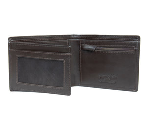 The Pierre Cardin Wallet is an open brown genuine leather wallet featuring card slots, a clear ID holder on the left, and a zippered coin pouch on the right, with RFID protection and the embossed brand name inside, elegantly displayed on a white background.