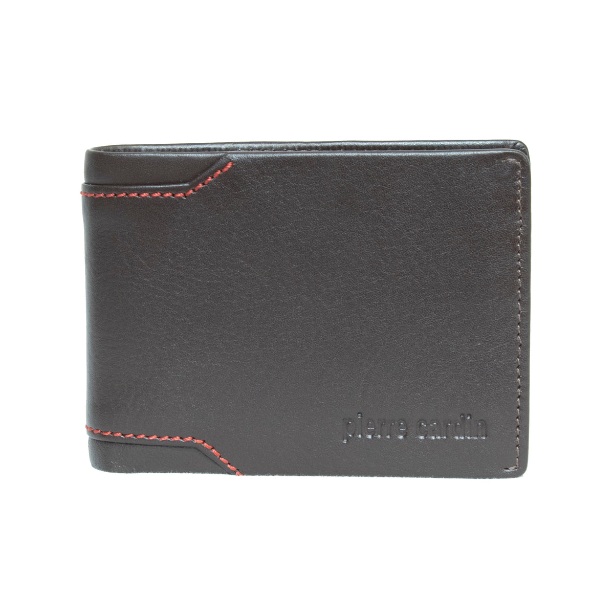 The Pierre Cardin Wallet is made from genuine leather with vibrant red edge stitching, featuring the brand's name embossed on the lower right corner and offering RFID protection for a stylish and secure accessory.