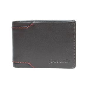 The Pierre Cardin Wallet is made from genuine leather with vibrant red edge stitching, featuring the brand's name embossed on the lower right corner and offering RFID protection for a stylish and secure accessory.