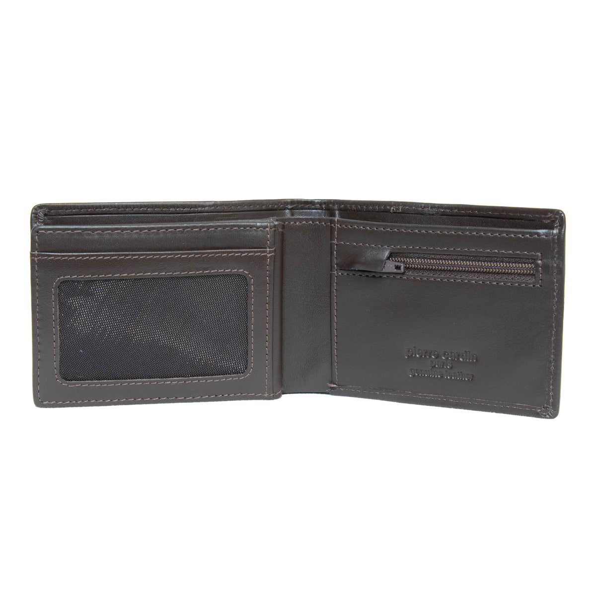 The Pierre Cardin Wallet, crafted from genuine leather, opens to reveal compartments with RFID protection, a transparent ID slot, multiple card slots, and a zippered coin pocket. It features visible stitching and an embossed brand logo.
