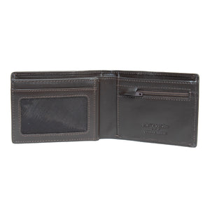 The Pierre Cardin Wallet, crafted from genuine leather, opens to reveal compartments with RFID protection, a transparent ID slot, multiple card slots, and a zippered coin pocket. It features visible stitching and an embossed brand logo.