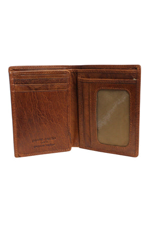 Open the Pierre Cardin Wallet, made from genuine Italian leather. It features multiple card slots, a clear ID window on the right, and "Pierre Cardin Poir Noix" embossed inside for authenticity. The wallet is set against a white background.