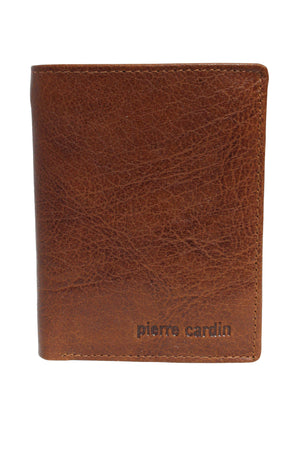 Textured brown leather Pierre Cardin wallet with stitched edges, embossed with the brand name in the lower right corner. Made from genuine Italian leather, this vertical wallet offers RFID protection for peace of mind.