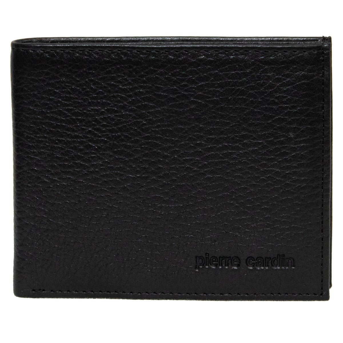 The Pierre Cardin Wallet, crafted from genuine Italian leather, boasts a textured black surface. The brand name "pierre cardin" is embossed in small, lowercase letters in the bottom right corner on the front. With RFID protection, this wallet perfectly blends simplicity, elegance, and security.