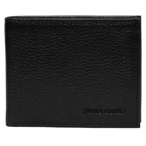 The Pierre Cardin Wallet, crafted from genuine Italian leather, boasts a textured black surface. The brand name "pierre cardin" is embossed in small, lowercase letters in the bottom right corner on the front. With RFID protection, this wallet perfectly blends simplicity, elegance, and security.