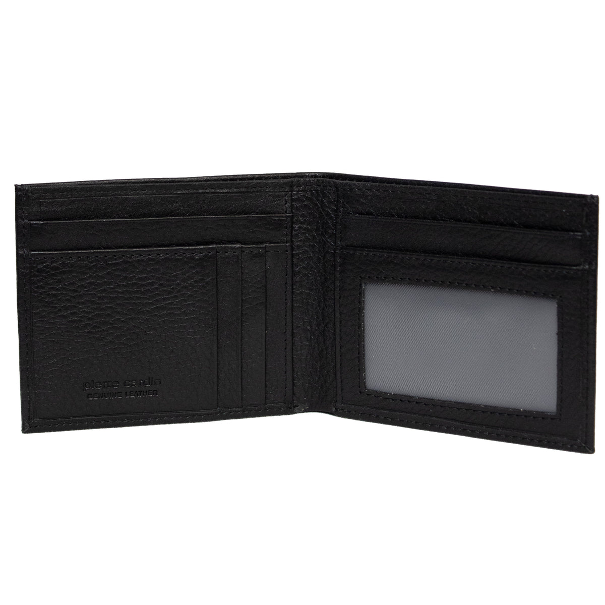 Introducing the Pierre Cardin Wallet, an open black wallet meticulously crafted from genuine Italian leather. It features multiple card slots on the left side and a clear ID window on the right side, all within a simple, sleek design. This wallet also includes RFID protection to ensure your cards are securely and stylishly organized.