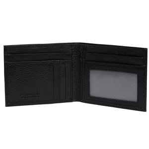 Introducing the Pierre Cardin Wallet, an open black wallet meticulously crafted from genuine Italian leather. It features multiple card slots on the left side and a clear ID window on the right side, all within a simple, sleek design. This wallet also includes RFID protection to ensure your cards are securely and stylishly organized.