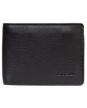 The Pierre Cardin Wallet, crafted from genuine Italian leather and featuring a textured black surface, is displayed. The embossed brand name "Pierre Cardin" is prominently visible in the bottom right corner. This sleek, minimalist design includes meticulous edge stitching and incorporates RFID protection for enhanced security.