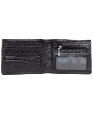 A black Pierre Cardin Wallet, crafted from Genuine Italian Leather, features multiple card slots on the left, a pocket for paper currency in the center, and a zippered coin pocket with a transparent ID window on the right. Set against a white background, the wallet is currently empty.