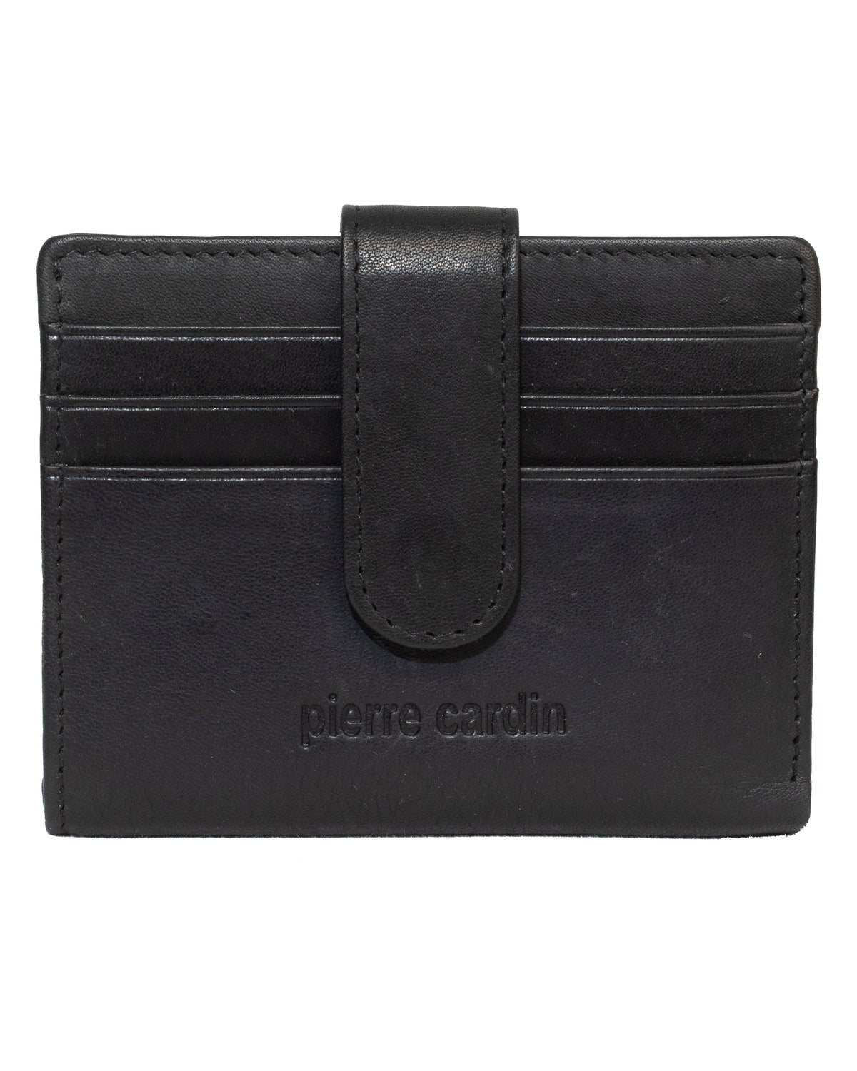 A Pierre Cardin Wallet in black, adorned with the "pierre cardin" embossing on the front, features multiple card slots, a tab closure, and RFID protection for enhanced security. Made from genuine leather, it perfectly blends style and functionality.