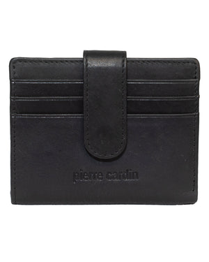 A Pierre Cardin Wallet in black, adorned with the "pierre cardin" embossing on the front, features multiple card slots, a tab closure, and RFID protection for enhanced security. Made from genuine leather, it perfectly blends style and functionality.