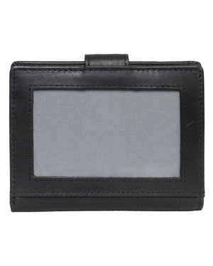 A black Pierre Cardin Wallet crafted from genuine leather, showcasing a transparent window for an ID card slot. The wallet, featuring RFID protection, is closed and positioned against a plain white background.