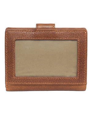 The Pierre Cardin Wallet, crafted from genuine leather, features a clear ID window on the front. It boasts visible stitching along the edges and a small tab at the top. The ID window reveals the tan interior, which includes RFID protection for your cards.