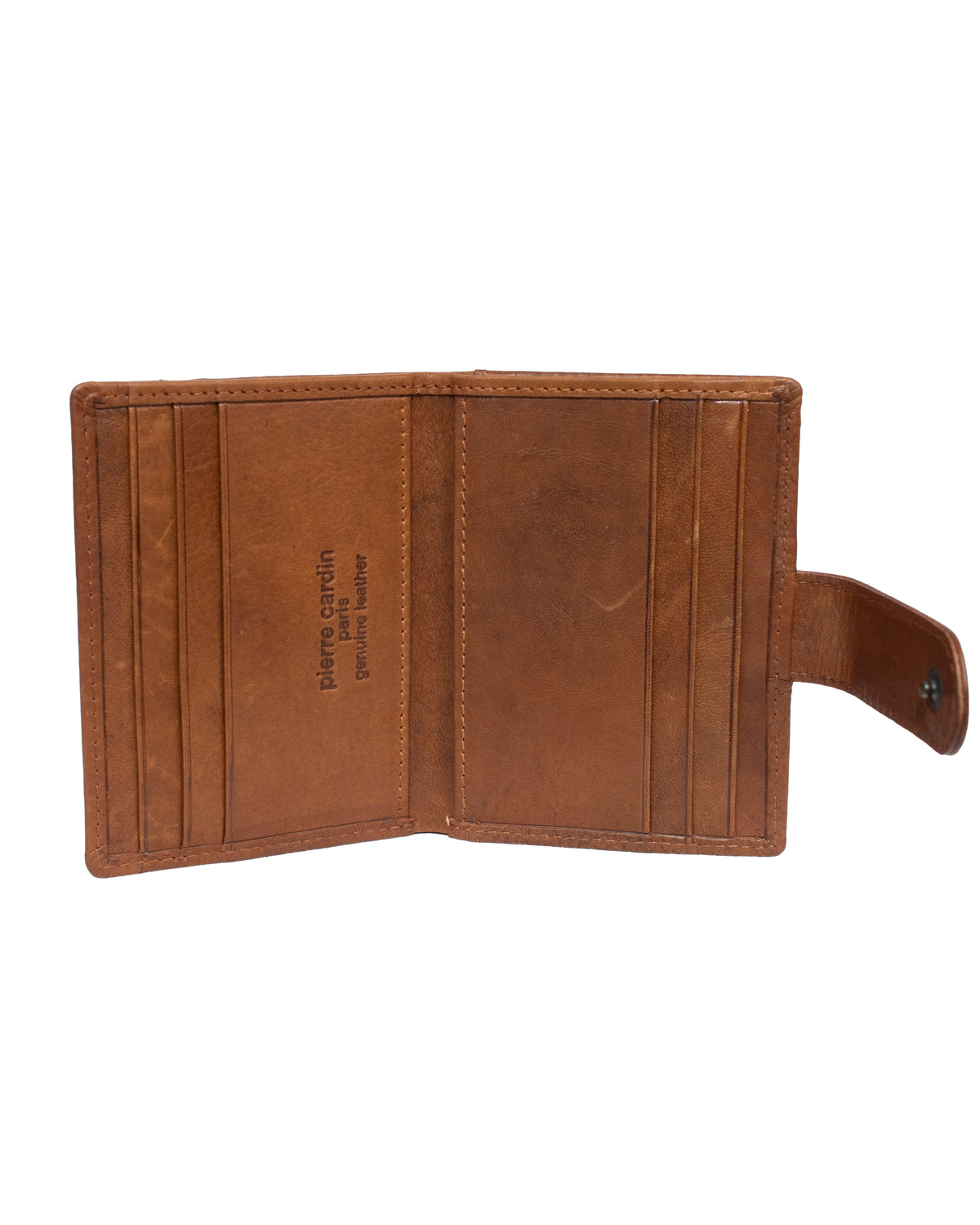 An open Pierre Cardin Wallet, in a brown genuine leather design, is displayed. It showcases two main compartments and multiple card slots on both sides. The right side features a flap with a snap closure. Inside, there is minimal branding text along with RFID protection.