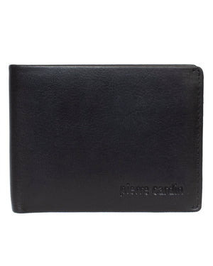 A Pierre Cardin Wallet in black, meticulously crafted from genuine leather and featuring an embossed brand name in the bottom right corner, equipped with RFID protection.