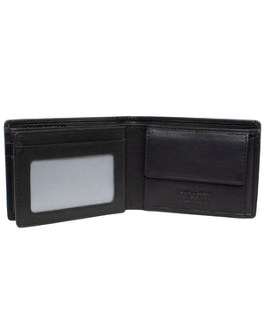 The Pierre Cardin Wallet, made from genuine leather with RFID protection for added security, is open to reveal its contents. On the left side, there’s a clear ID card slot along with several card compartments. The right side features a coin pocket with a flap but without any visible zipper or button. The wallet comes in an elegant black color.