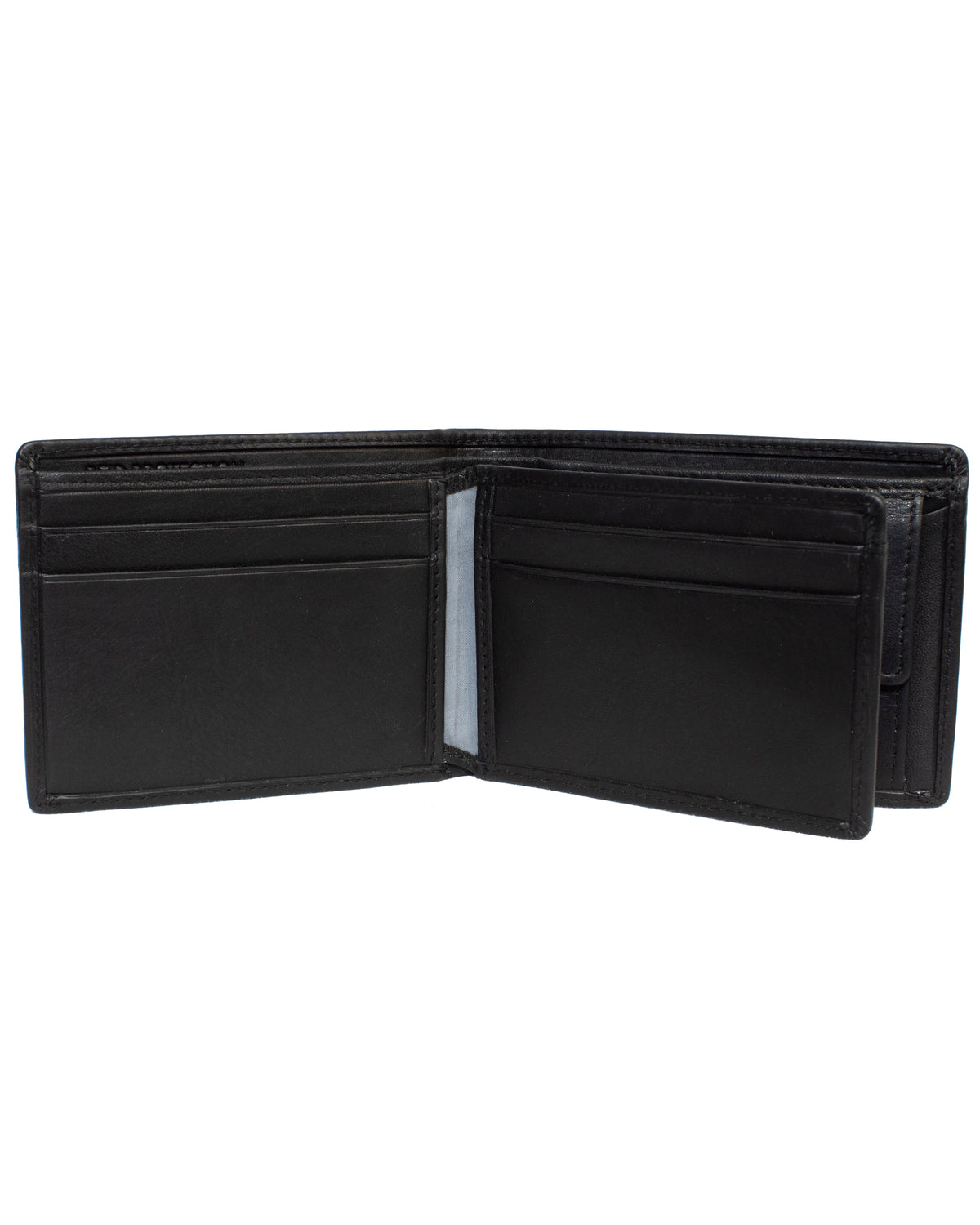 A genuine black leather Pierre Cardin Wallet, featuring multiple card slots and compartments, is displayed against a white backdrop. The wallet is empty, showcasing its neatly stitched and organized interior, complete with RFID protection for your cards.