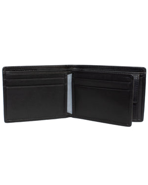 A genuine black leather Pierre Cardin Wallet, featuring multiple card slots and compartments, is displayed against a white backdrop. The wallet is empty, showcasing its neatly stitched and organized interior, complete with RFID protection for your cards.