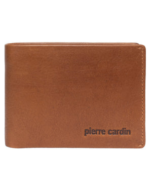 The Pierre Cardin Wallet, available in a sophisticated tan color, features "pierre cardin" subtly embossed in small letters on the bottom right corner. Crafted from genuine leather, it offers a smooth texture and exudes a classic, minimalist design. Additionally, it includes RFID protection for enhanced security.