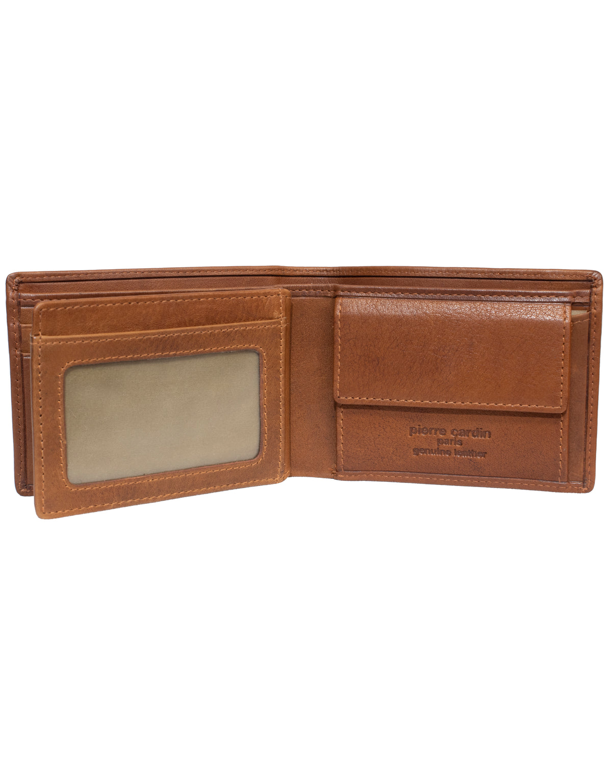 The Pierre Cardin Wallet is open, displaying a transparent ID card slot on the left and a coin pocket on the right. The interior, skillfully stitched with matching brown thread and adorned with the embossed brand name "Pierre Cardin" on the right side, also includes RFID protection for enhanced security.